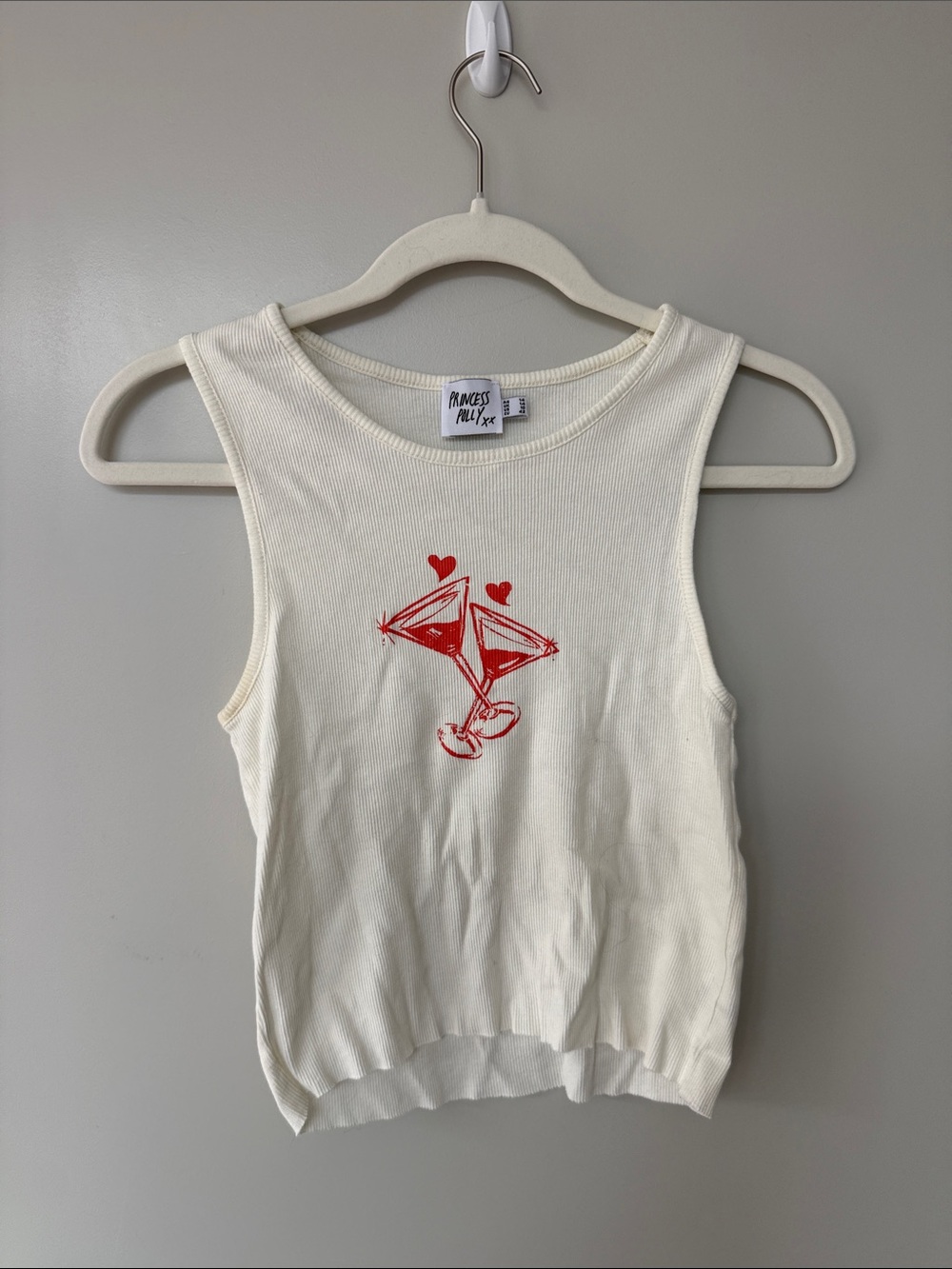 Princess Polly Cream Ribbed Tank with Red Cocktail Graphic